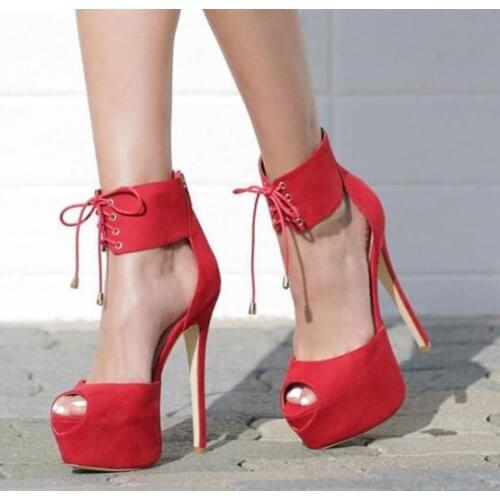 Moraima Snc Sexy Platform Woman Sandal Peep Toe Lace-up Thin heels Shoes Cutouts Gladiator Sandal Red Suede Dress Heels