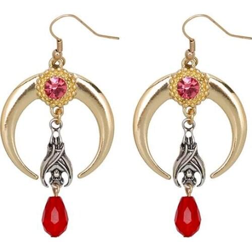Goth Punk Horns Red Bead Drop Earrings For Women Men Bat Crescent Moon Earrings Crystal Women Jewelry Gifts