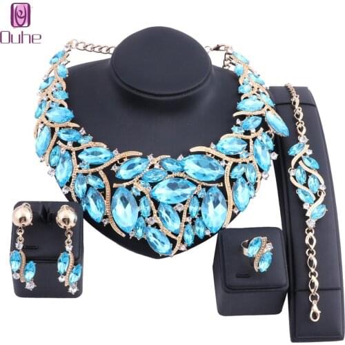 Women Bridal Costume Jewelry Sets Crystal Choker Necklace Earrings Ring Bracelet Set For Wedding Party Dress with Gift Box