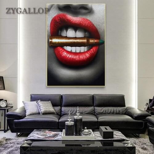 ZYGALLOP Modern Wall Art Prints Posters Sexy Red Lips Bite Bullet and Money Canvas Painting For Pub Bar Living Room Decoration