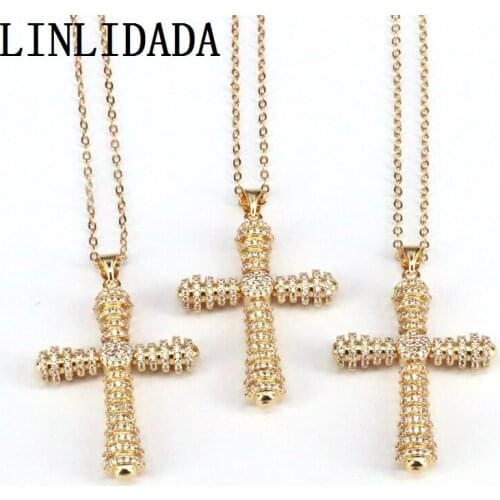 5Pcs Crystal CZ Zirconia Micro Pave Cross Pendant Necklace Gold Color Hiphop Jewelry