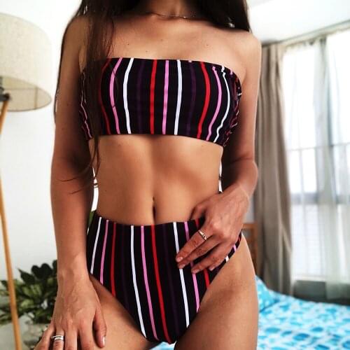 Patchwork Striped Bikinis Women Sexy Solid Bandeau Biquini Top Tube Bathing Suit Seamless Swimsuit Thong Swimwear Micro Bikini