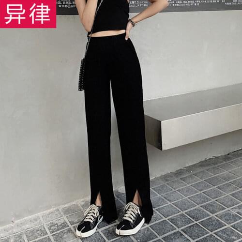 Black Wide-Leg Pants Womens Casual High Waist Student Korean Style Slimming Slit Straight Mopping Loose Drooping Long Pants