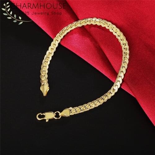 Charmhouse Bracelets For Women Yellow Gold GP 5MM Snake Chain Bracelet & Bangles Pulseira Wristband Wedding Bridal Jewelry