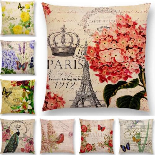 Flowers Butterfly Eiffel Tower Sofa Pillow Case Peacock Paris Crown Vintage Floral Pattern Decorative Letters Cushion Cover