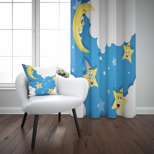 Else Blue Cloudy Moon Baby Kids Room Modern Pattern Backdrop Curtain