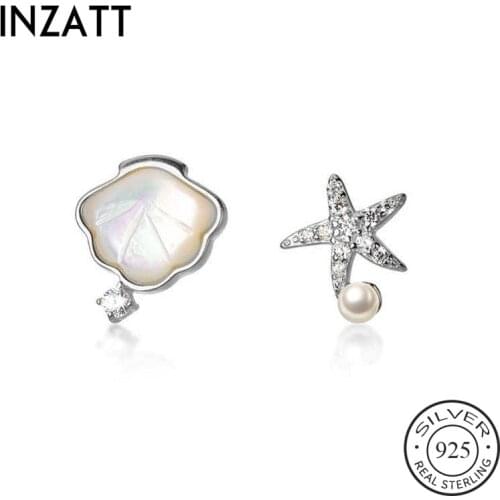 INZATT Real 925 Sterling Silver Zircon Star Shell Stud Earrings For Fashion Woman Party Fine Jewelry Cute Accessories Gift