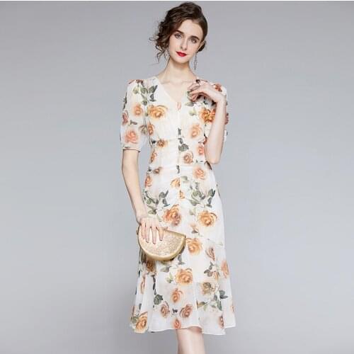 JSXDHK 2021 Fashion Women V Neck Rose Floral Dress Vintage Summer Short Sleeve Flower Print Chiffon Bodycon Mermaid Party Dress
