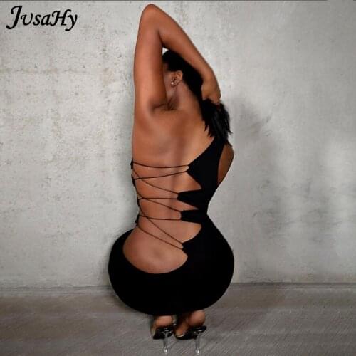 Jusahy Sexy Bandage Hollow out One Shoulder Y2K Mini Dress Women Backless Bandage Party Clubwear Slim Dresses