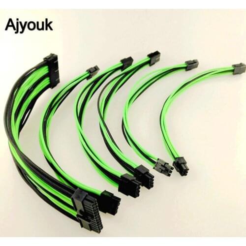 50sets 18AWG ATX/PCI-E Extension Cable Kit ATX 24Pin/EPS 4+4Pin/PCI-E 8Pin/PCI-E 6Pin Nylon Braid Extender Cord Black+green