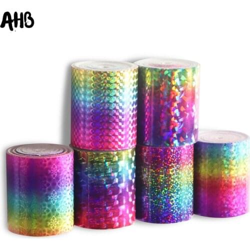 AHB Laser Ribbon 75mm Rainbow Gradient Mirror Leather Fabric Width PU for Decorative DIY Hair Bow Ribbon Materials 2yards/bag
