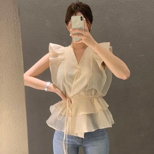 Temperament Cross V-Neck Shirt Women Summer Korean Chic Ruffle Stitching Lace-Up Waist Slim Fit Blouse Tops Blusas De Mujer