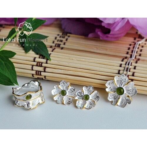 Lotus Fun Real 925 Sterling Silver Natural Stone Original Handmade Fine Jewelry Peony Flower Jewelry Set for Women Brincos