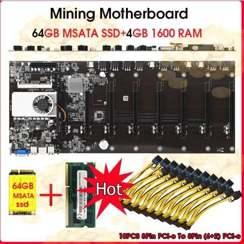 Mining motherboard 8 GPU Bitcoin Crypto Etherum Mining Set Kit Combo with 4GB DDR3 1600MHz RAM,64GB mSATA SSD,8PIN to dual 8pin