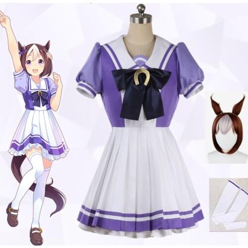 Anime Horse Racing Girl Uniform Pretty Derby Horse Racing Protagonist Custume Bow Mini Pleated Skirt Purple Navy Collar Dress
