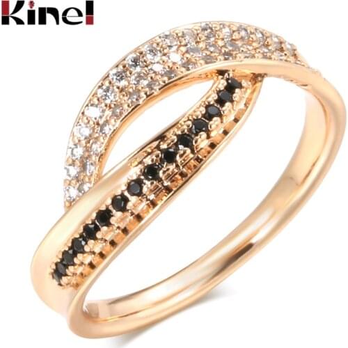 Kinel Fashion Natural Black Zircon Rings for Women 585 Rose Gold Ring Luxury Vintage Wedding Jewelry