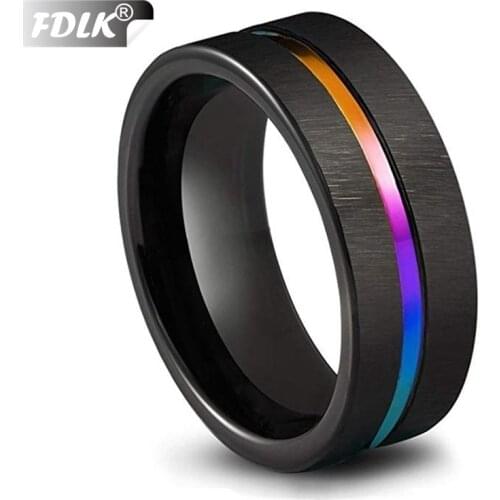 FDLK Mens Jewelry Black Stainless Steel Wedding Ring 8mm Colorful Rainbow Ring Size 6-13