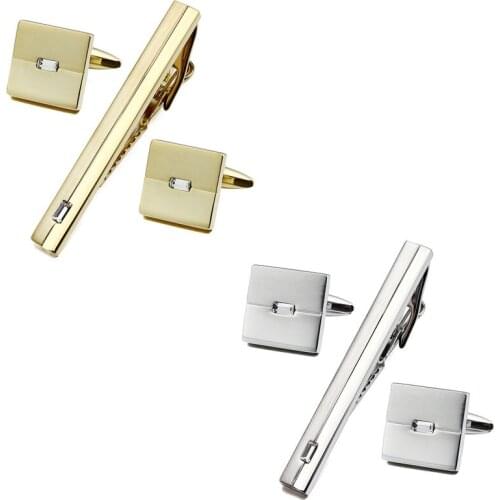 Square Gold- Color with Crystal Man Shirt Cuff Links and Tie Bar Clips Set for Wedding and Business Jewelry