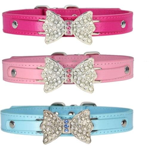 Pet Dog Collar Leather Bling Rhinestone Bow-knot Cat Collar Puppy Collar Chihuahua Teddy Pet Collar For Dogs Cats