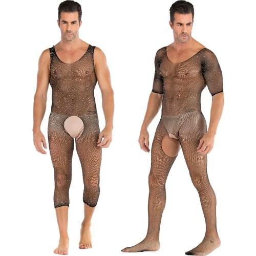 Mens Sexy Sexy Vest Open File Siamese Shiny Underwear with Diamonds Full Body Transparent Mesh Alternative Performance