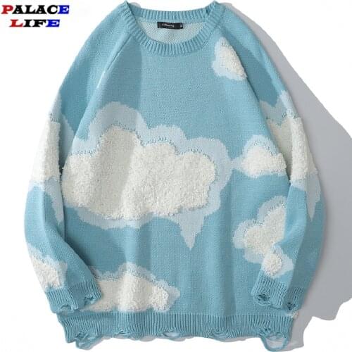 Knitted Sweater Mens Hip Hop Streetwear Harajuku Cloud Flocking Casual Sweater Autumn Winter Cotton Couples Oversized Pullover