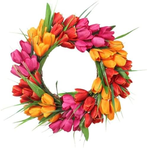 Artificial Tulip Wreath Spring Summer Wreath for Front Door Porch Farmhouse Garden Wedding Party Wall Window Home Decor