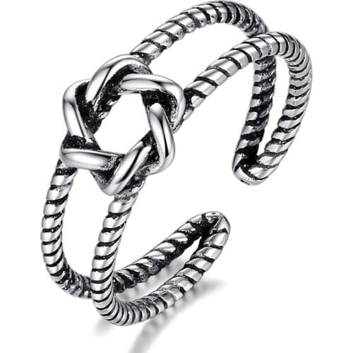 Twist Feather Rope Vintage Adjustable Thai Silver Color Ring For Women Mens Korean Trendy Simple Tibetan Jewelry Gifts