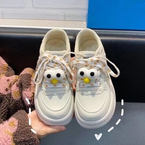 2021 Women Lace Up Vulcanized Shoes Ladies Metal Chain Comfortable Platform Flat Female Cute Cartoon Causal Platform Footwear