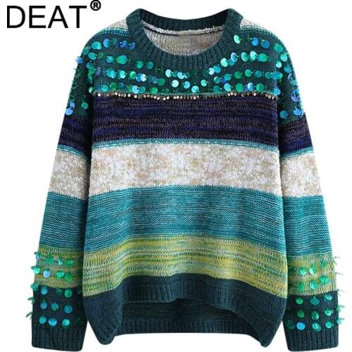 [DEAT] 2021 Autumn Winter New Fashion Tide Pullovers Round Neck Long Sleeve Sequins Splicing Knitting Sweater Women 13Z1799