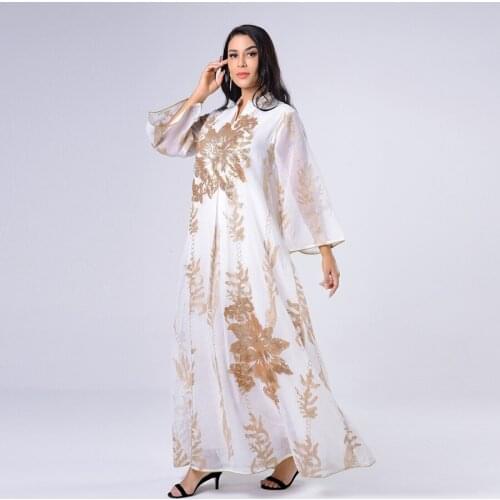 2021Eid New Sequins Embroidered Abaya Dress For Women Moroccan Kaftan Turkey Arabic Plus size Dresses White Islamic Ethnic Robe