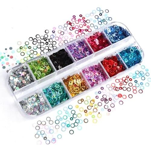 12 Grids Holographic Nail Sequins Hollow Circle Round Glitter Flakes Mixed Color Mirror Paillette Spangle Nail Art Decorations