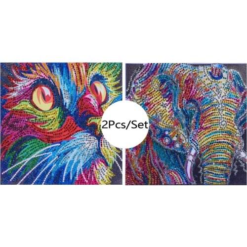 2Pcs/set 5D Special Shaped Diamond Painting Cute Cat Elephant Animal Drill Partial Diamond Embroidery Decoration Drills 25*25cm