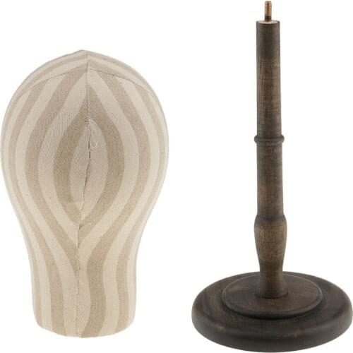 21"Canvas Block Mannequin Head Wig Hat Holder Display Stripe With Wood Stand