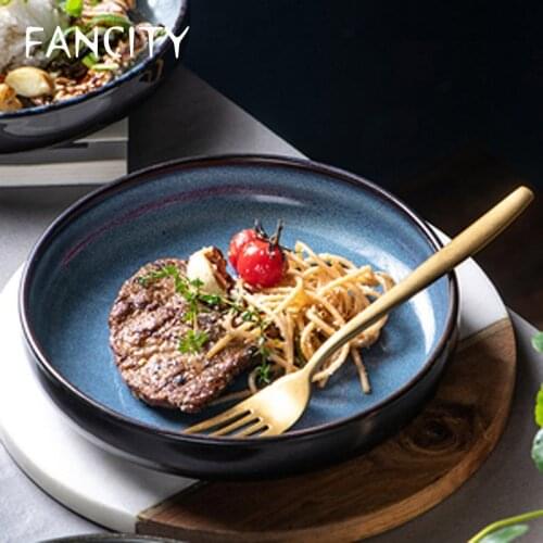 FANCITY Square dish plate creative household dish deep dish ceramic 8 inch Japanese tableware special-shaped dessert fruit