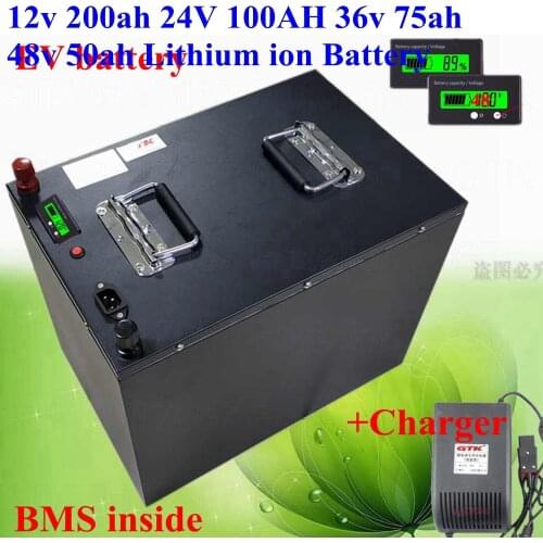 12v 200ah 24V 100AH 36v 75ah 48v 50ah Lithium ion Battery Li-ion solar energy power + 10A charger steel case Electric bicycle