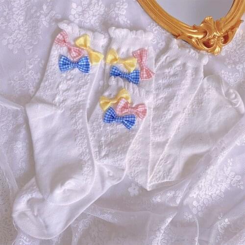 Candy-Colored Plaid Bow Cute Girly Series Cotton Bunching Socks Sweet Socks for Students