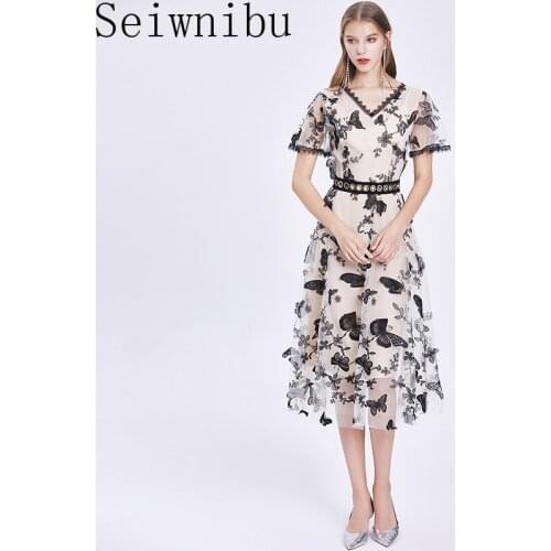 Fashionable Dress Summer Women 2020 New Butterfly Embroidered V-Neck Short Sleeved Slim A-Line Perspective Elegant Dress