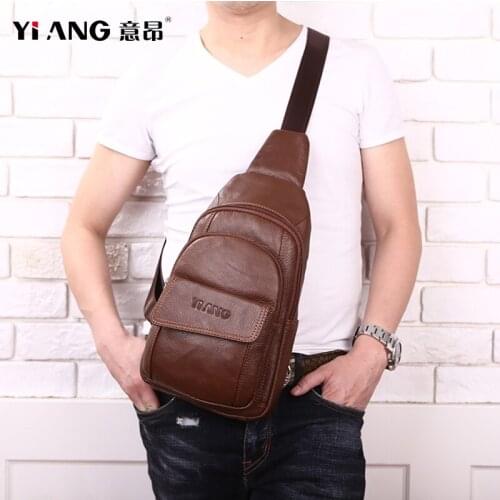 Cow Leather Fashion Mens Chest Bags Casual Shoulder Messenger Bags Multi-function Mobile Phone Compartment Bags Male Chest Bag