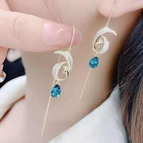 Fashion blue rhinestone pendant phoenix ear line personality 2021 trend long tassel female jewelry purple fish ear line