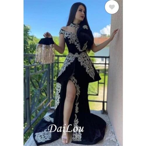 New Sexy Halter Split Black Lace And Velvet Sleeveless Floor-length Sweep / Brush Train Prom Evening Dress 2021