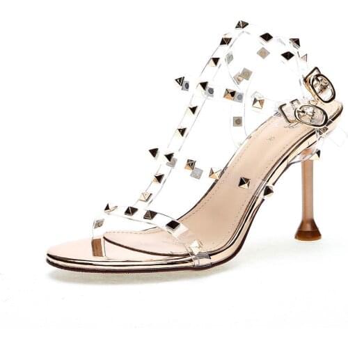 Roman style double breasted high heel womens shoes summer stiletto heels transparent rivet banquet open toe sandals women heels