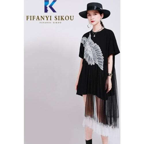 Streetwear Women Fashion Summer Dress Mesh Splice Print Loose Mid Long Dress Female O-Neck Short Sleeve Black T-shirt Dress 2020