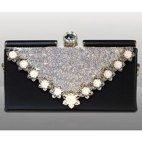 Luxury Clutch Handbag Crystal Women Bridal Wedding Chain Shoulder Bag Genuine Leather Rhinestone Purse Floral Evening Party Bags