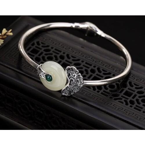 Silver natural Hetian white chalcedony bracelet Chinese style palace female bohemian design adjustable ladies brand jewelry