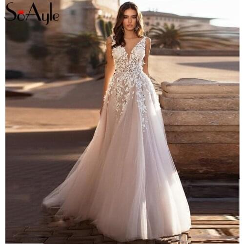 SoAyle Bohemian Wedding Dress Vestidos Lace Tiered Tulle Princess Skirt Gorgeous A-Line Beach Backless Bridal Dress Gowns