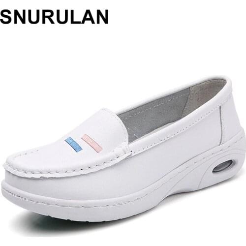 SNURULAN Air Cushion Women Casual Shoes Summer Autumn Cowhide Comfortable Non Slip Wedge Heel Breathable Soft Sole White Flats