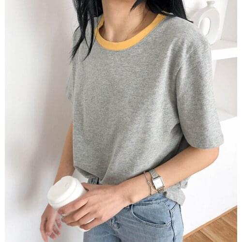 2020 Contrast Color Neck Casual Shirts Short Sleeve Cotton T Shirt Harajuku Tops For Women Summer Tees