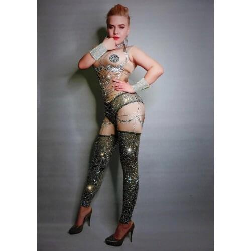 Women New Sexy Shiny Rhinestones Printing Jumpsuit Sleeveless Dance Female Costume Nightclub Prom Stage Show Striptease Jumpsuit