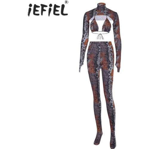 Women Snakeskin Printed High Neck Long Sleeve Crop Top with Lace-up Bra High Waist Pantyhose Leggings Ladies Exotic Costume