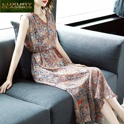 Dress 100% Real Silk Women Sleeveless Long Summer Dress Ruffle Floral Elegant Dresses Party Beach Maxi Vestidos LWL1814